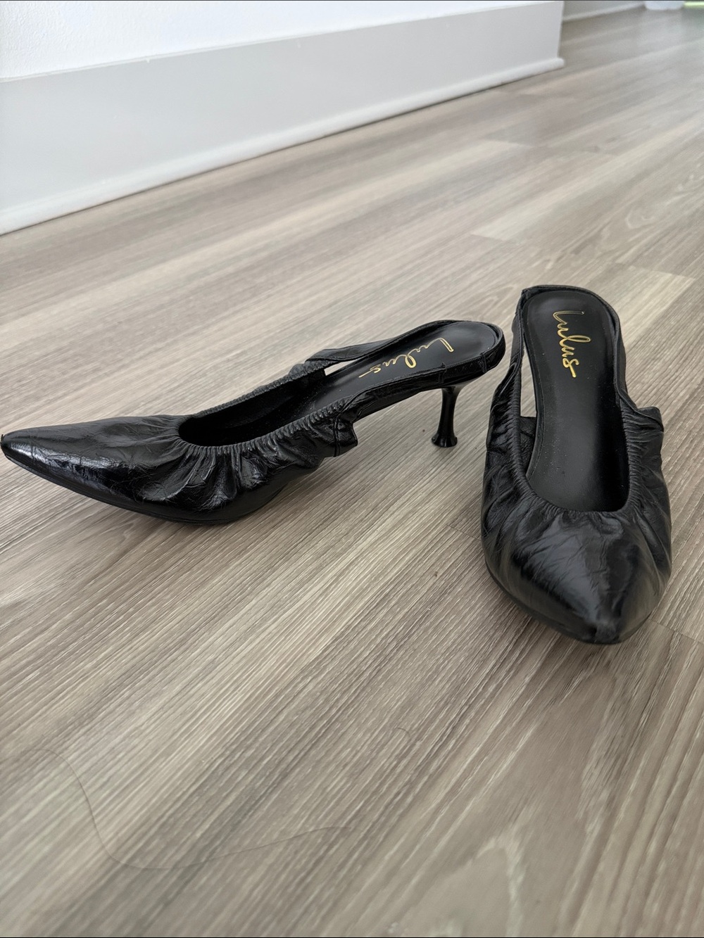 Lulu's Black Ruched Pointed Slingback Kitten Heels